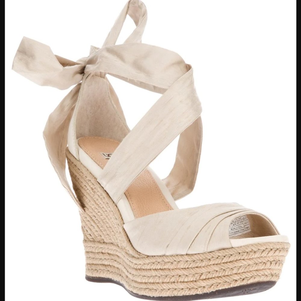 UGG Australia Lucianna Wedge Espadrilles Sandal Ivory Silk Ankle Bow size 7.5